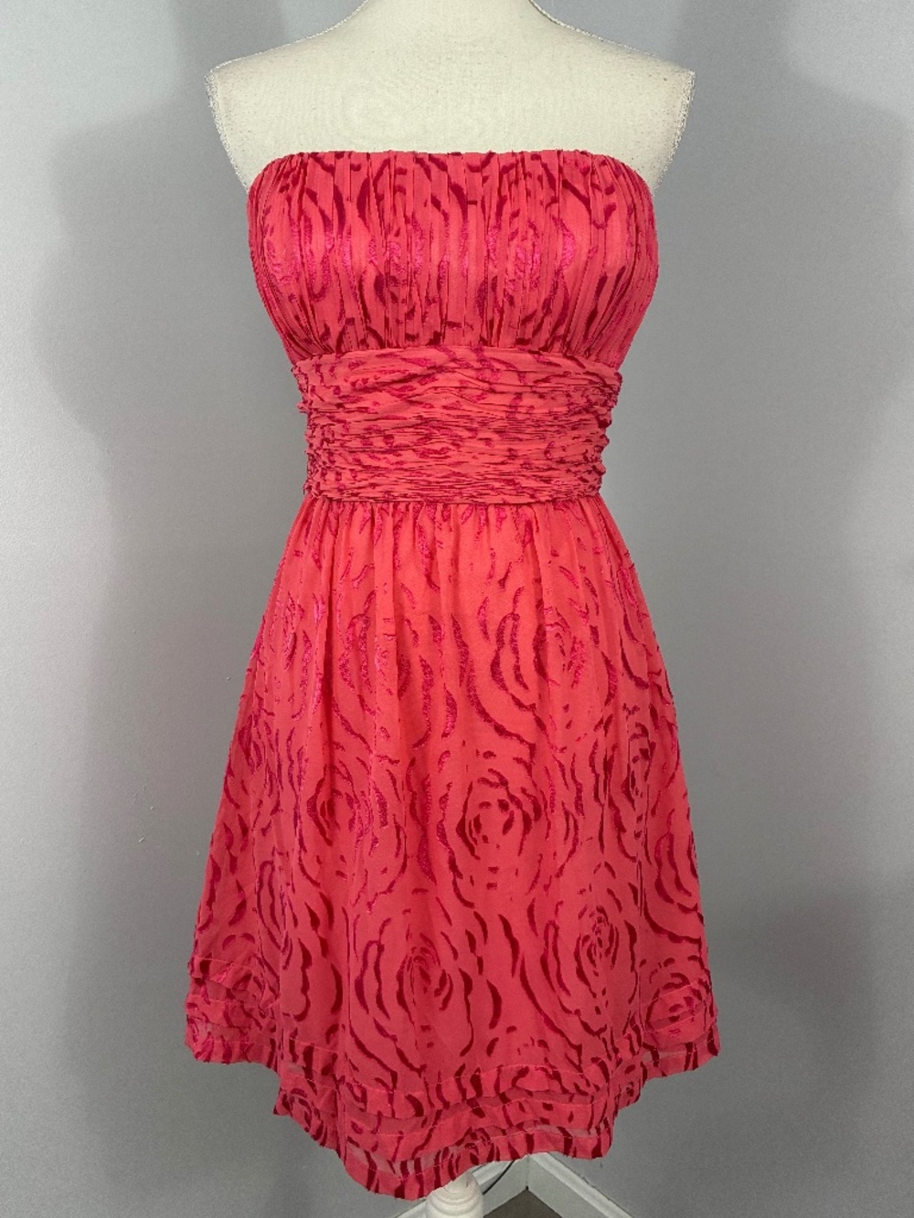 BCBGMaxAzria Silk Velvet Burnout Dress 8 Floral Rose Pink Strapless A-Line Tie